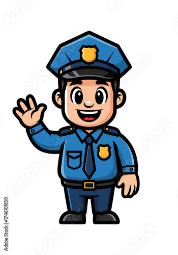A cute cartoon-style policeman character in a blue uniform is waving his hand with a joyful expression. The vector illustration features a friendly and approachable design on a white background