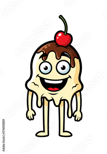 Cartoon illustration of a melting vanilla ice cream character with chocolate topping and a cherry on top. The character has big eyes, a happy smile, and simple arms and legs, set against a white