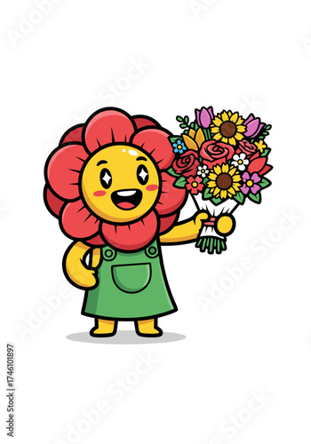 Adorable cartoon sunflower character cheerfully holding a vibrant flower bouquet, rendered in cute mascot vector illustration style on a clean white background. Perfect for spring and summer designs