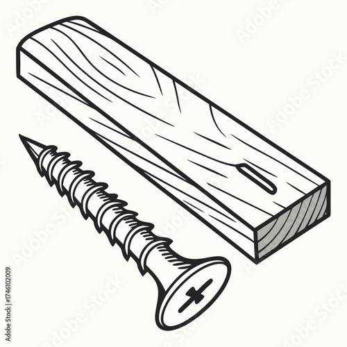 A single wood screw with a pointed tip and threaded shaft lies next to a wooden plank