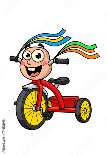 Cartoon illustration of a child riding a red tricycle with yellow wheels and multicolored streamers in a white background. The character has big eyes and a joyful smile