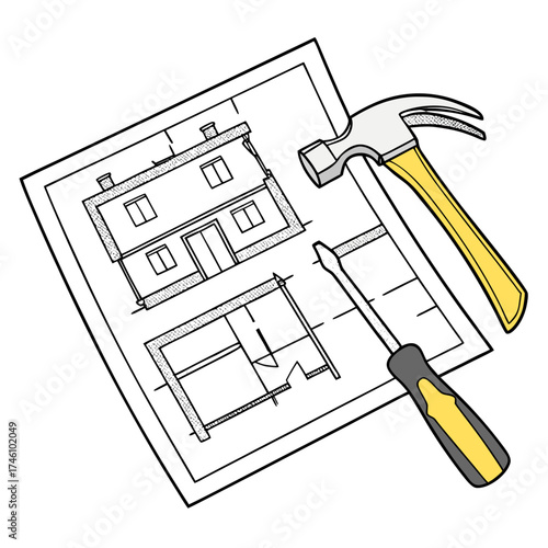 Architectural blueprint of a house with a hammer and screwdriver representing construction and renovation projects