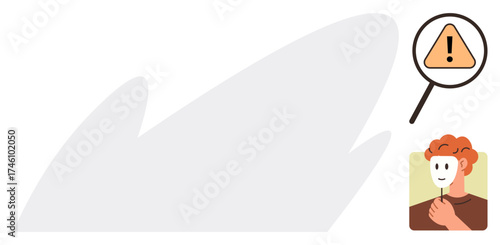 Person holding a mask in front of face, magnifying glass highlighting an alert sign. Ideal for identity, fraud, caution, deception, psychology, trust awareness. Clean simple flat metaphor
