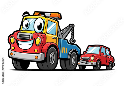 Colorful cartoon illustration of a tow truck assisting a compact car isolated on a white background. Features bright primary colors and friendly facial expressions, showcasing vehicle maintenance and