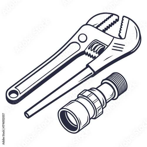 Adjustable pipe wrench and plumbing fitting isolated on white background in a clean line art illustration style