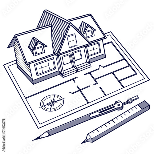 Architectural drawing of a house blueprint with compass drafting tools and pencil for planning construction