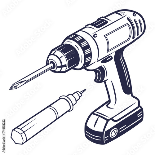 Detailed line art illustration of a cordless power drill with a screwdriver bit and a separate screw on a white background