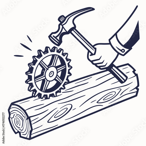 Hand hammering a gear onto a wooden log in a stylized illustration representing construction or assembly
