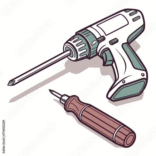 Illustration of a cordless power drill and a manual screwdriver with a brown handle on a white background