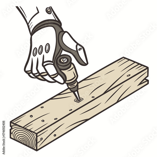 Robotic hand precisely drilling a hole into a wooden plank with a power drill tool