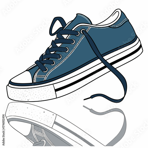 Stylish blue canvas sneaker with white toe cap and stripes reflected on white background