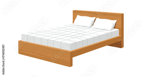 Comfortable wooden bed frame with clean white mattress and pillows for restful sleep
