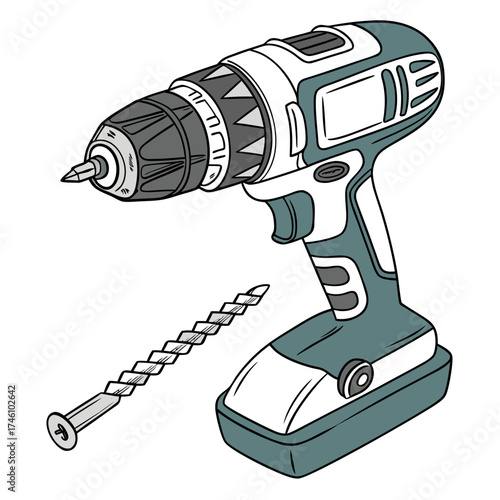 A cordless power drill with a screw and drill bit isolated on a white background for construction and diy projects