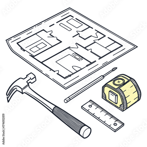 Architectural blueprint with hammer tape measure ruler and screwdriver for home renovation and construction planning