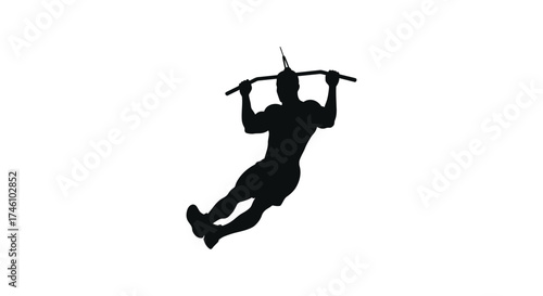 Silhouette of a muscular man performing a pull-up exercise on a horizontal bar demonstrating strength and fitness.
