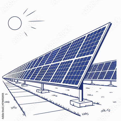 A vast array of solar panels stretches into the distance under a bright sun illustrating renewable energy generation