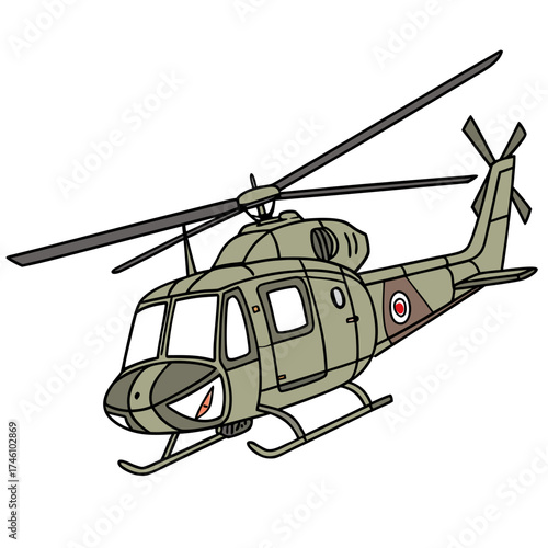 Cartoon military helicopter with a friendly face and rotor blades spinning in flight