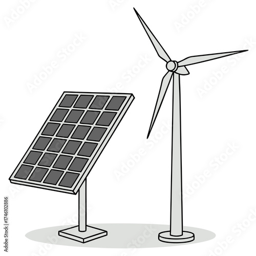 Clean energy sources including a solar panel and a wind turbine are depicted in a simple illustration
