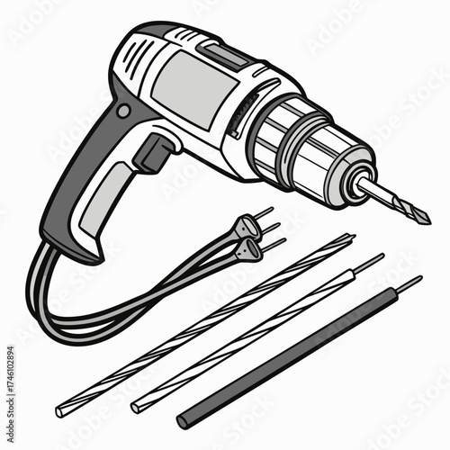Close up illustration of a cordless power drill with a drill bit and electrical wires on a white background