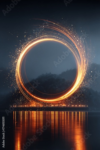 Luminous Golden Light Ring with Sparkling Particles Reflected on Water and Mysterious Forest