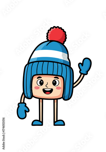 Cartoon mascot features a cute character with a blue and white striped winter hat adorned with a red pom pom, matching mittens and a friendly wave, isolated on a white background