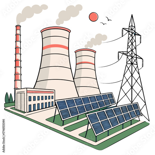 Industrial power plant with cooling towers and solar panels generating clean energy under a sunny sky