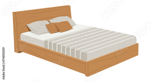 Modern wooden bed frame with mattress and pillows comfortable bedroom furniture contemporary home interior design