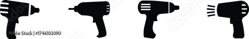Four black silhouettes of cordless power drills displayed in a row vector