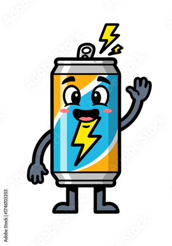 A cheerful cartoon energy drink can mascot with a lightning bolt design on a white background, showcasing an upbeat expression and cartoonish style ideal for mascot design and energetic-themed