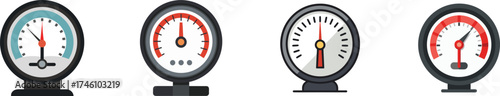 Set of four diverse manometer dials measuring pressure levels industrial equipment vector