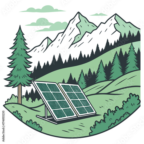 Solar panels installed in a lush green mountain landscape with pine trees and clouds above