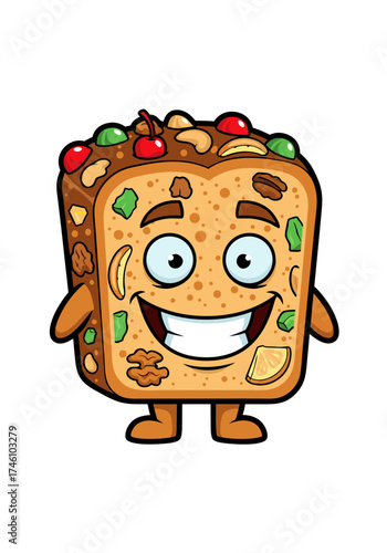 A cheerful cartoon fruitcake character features a colorful candied fruit and nut arrangement on a brown baked crust, set against a clean white background. Delightful dessert illustration