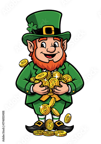 A cheerful cartoon leprechaun mascot clutches a trove of gold coins. He wears a green outfit and hat, complete with a clover decoration, all set against an isolated white background