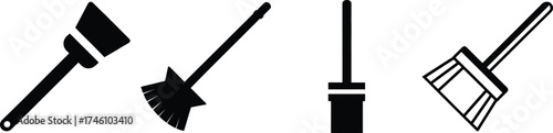 Collection of four stylized cleaning tools for home and janitorial services vector