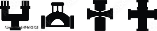 Set of four black pipe fitting icons for extraction and plumbing systems vector