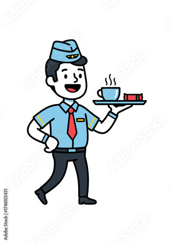 A cheerful cartoon man in a blue uniform is holding a tray with coffee and a snack. The background is white, and the style resembles a steward mascot character in a vector illustration