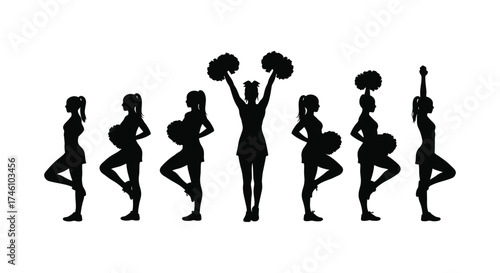 Diverse pregnant women silhouettes posing in yoga and cheerleading stances celebrating motherhood and fitness