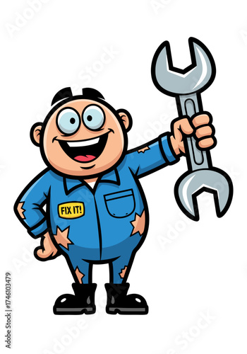 Illustration of a cheerful cartoon mechanic wearing ripped blue overalls and holding a wrench, isolated on a white background. A friendly and hardworking character