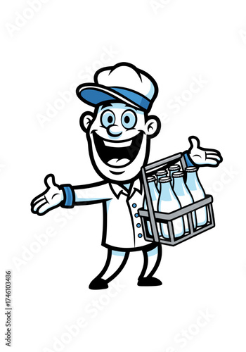 A cheerful cartoon milkman mascot holds a crate of milk bottles. The vector illustration features a man in a white uniform and hat, smiling widely. The design uses blue accents and is set against a