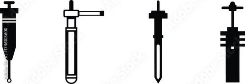Set of four plumbing tools icons pipe reamer drill bits and syringe tools vector