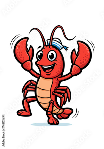 A cheerful cartoon illustration features a red lobster mascot wearing a sailor hat and dancing on a clean white background. This fun vector graphic is perfect for various creative projects