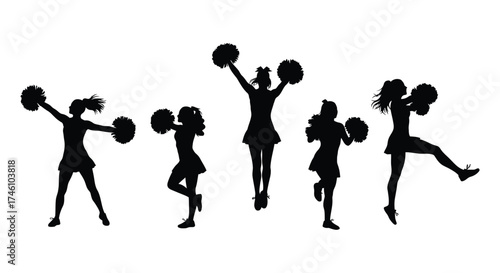 Dynamic silhouettes of five cheerleaders in action posing with pom-poms capturing athleticism and spirit