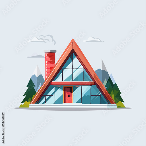 Modern AFrame House Illustration with Red Roof and Glass Walls.