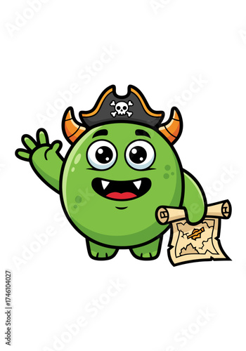 A cartoon vector of a cheerful green monster dressed as a pirate, waving with a treasure map in hand. Its a playful and colorful design against a clean white background