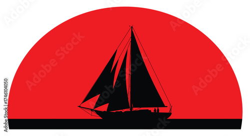 Silhouette sailboat sailing against vibrant red sunset horizon ocean water nautical journey adventure