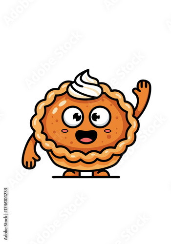 A delightful pixel art illustration of a pumpkin pie cartoon character cheerfully waving. The cute food mascot features a smiling face, arms, legs, and a dollop of whipped cream, perfect for