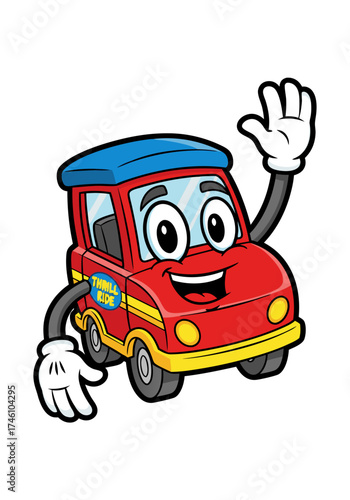 A delightful red cartoon car mascot waves cheerfully against a clean white backdrop. This vector illustration showcases a friendly automobile character with big expressive eyes and bold black