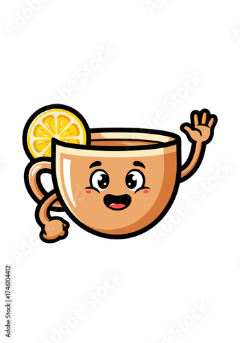 A cheerful tea cup cartoon mascot waves hello with a lemon slice accent, set against a clean white background, perfect for beverage or animated food icon illustration