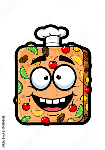 Adorable toasted bread chef cartoon character cheerfully smiling with a chef hat, decorated with nuts and slices of fruits such as lemon and cherry, all with a bold black outline, isolated on a white