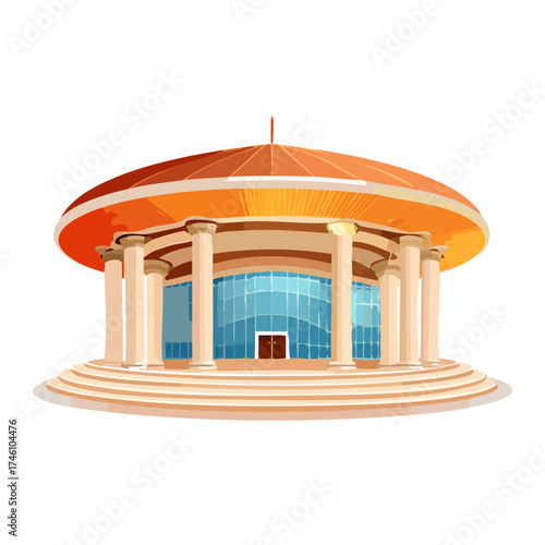 Cartoonstyle building with orange dome columns and blue glass facade.